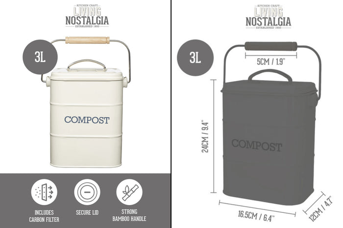 Bac à compost KitchenCraft Living Nostalgia en acier crème 3L