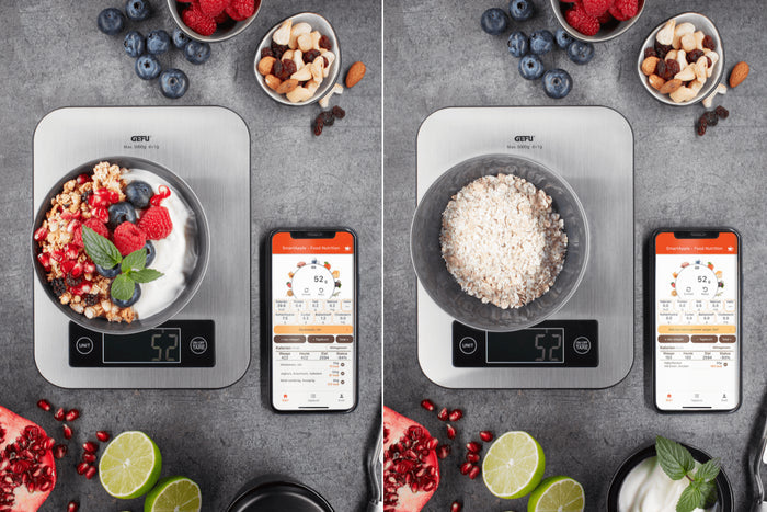 Balance de cuisine Gefu Score avec application d'analyse de la valeur nutritive