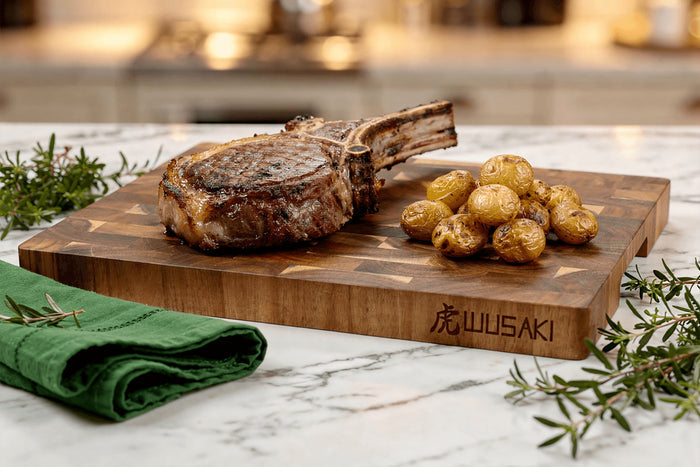 Billot de cuisine Wusaki en bois d'acacia damier 43 x 30,5 x 3,5cm