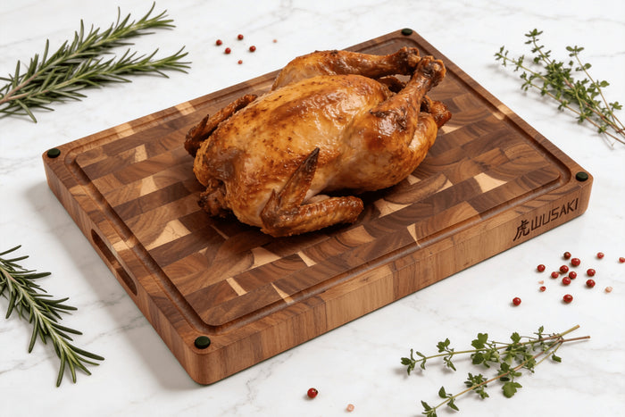 Billot de cuisine Wusaki en bois d'acacia réversible damier 48 x 35 x 3,8cm