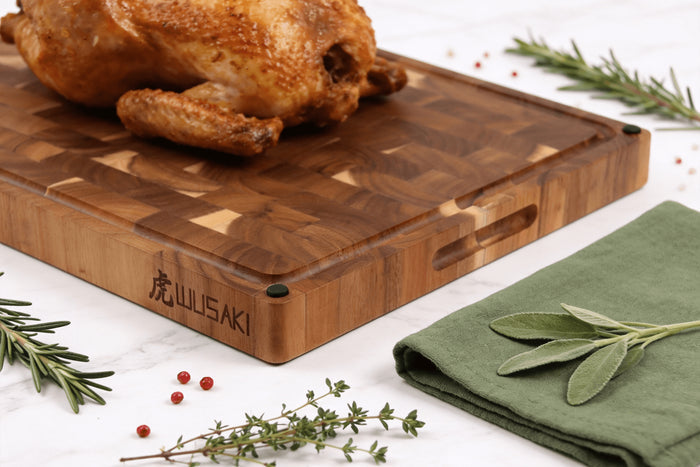 Billot de cuisine Wusaki en bois d'acacia réversible damier 48 x 35 x 3,8cm