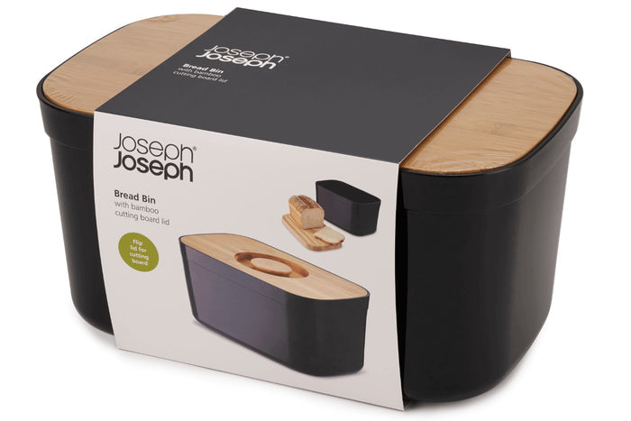 Boîte à pain Joseph Joseph en polypropylène noir avec couvercle en bambou