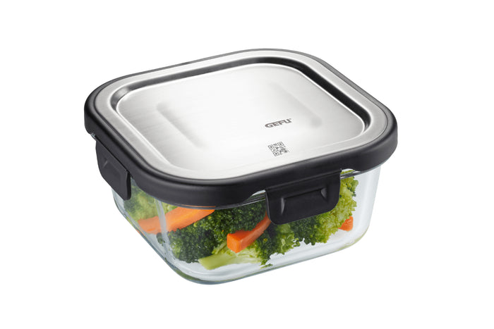 Boîte de conservation carrée au frais Gefu Milo en verre borosilicaté et acier inox 500ml