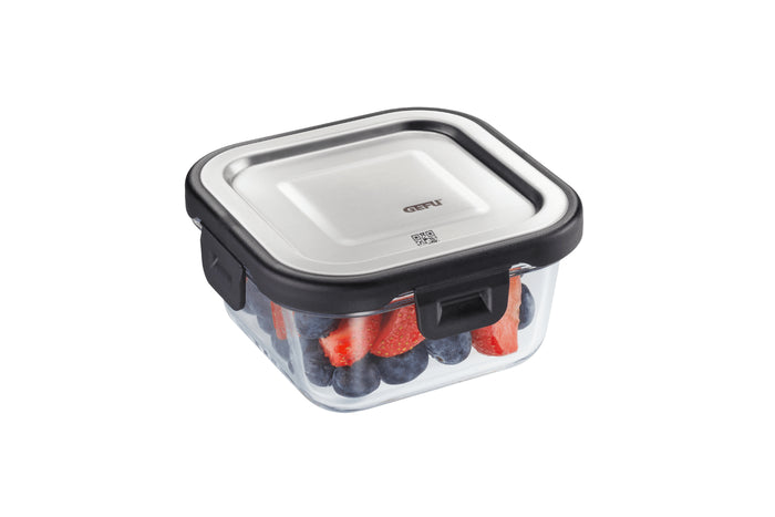 Boîte de conservation carrée au frais Gefu Milo en verre borosilicaté et acier inox 300ml