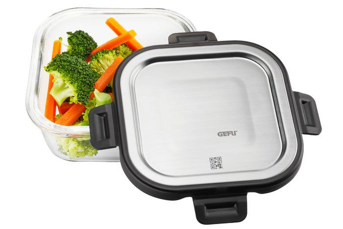 Boîte de conservation carrée au frais Gefu Milo en verre borosilicaté et acier inox 500ml