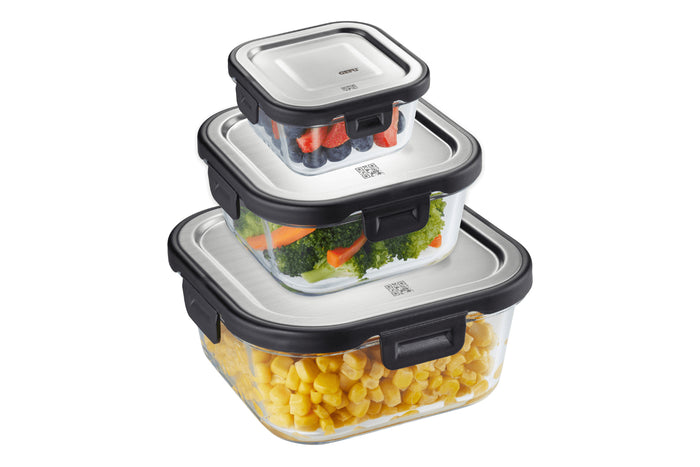 Boîte de conservation carrée au frais Gefu Milo en verre borosilicaté et acier inox 300ml