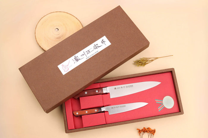 Coffret 2 couteaux japonais Satake Cutlery Brown Pakkawood chef + office