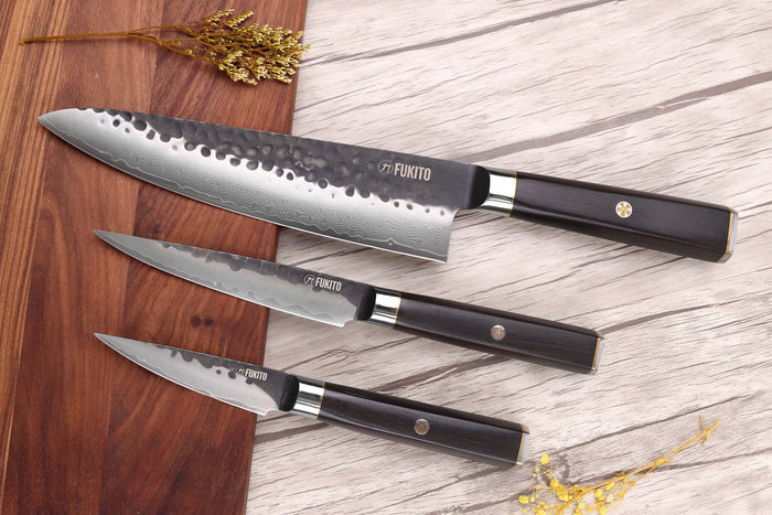 Coffret 3 couteaux Fukito Ébène Damas VG10 Chef + Universel + Office