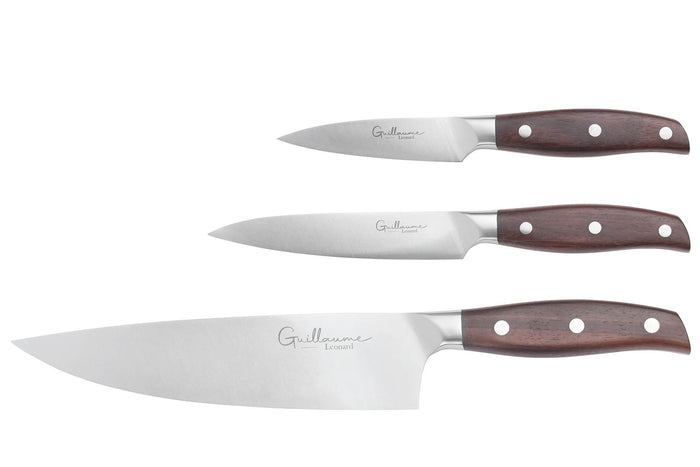 Coffret 3 couteaux Guillaume Leonard Cuistot acier inoxydable et santal rouge Chef + Office + Universel