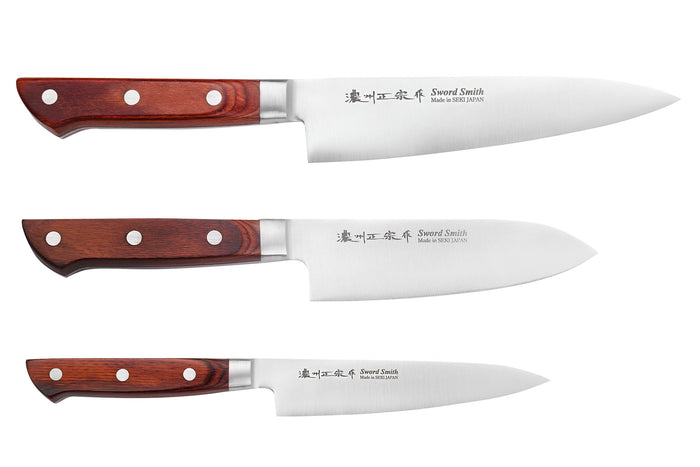 Coffret 3 couteaux japonais Satake Cutlery Brown Pakkawood chef + santoku + office