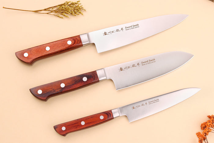 Coffret 3 couteaux japonais Satake Cutlery Brown Pakkawood chef + santoku + office