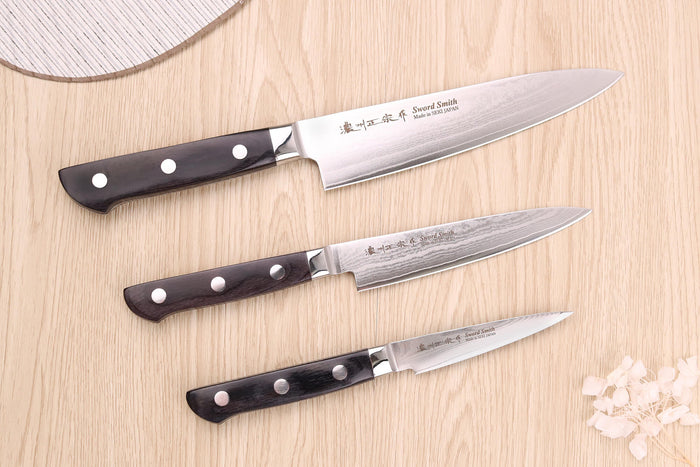 Coffret 3 couteaux japonais Satake Cutlery damas 69 couches chef + universel + office
