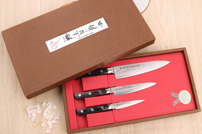 Coffret 3 couteaux japonais Satake Cutlery damas 69 couches chef + universel + office