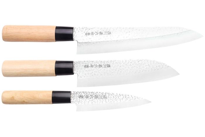 Coffret 3 couteaux japonais Satake Cutlery Tsuchime chef + santoku + deba
