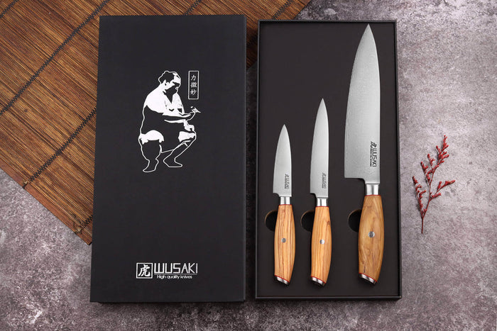 Coffret 3 couteaux Wusaki Fujiko 10CR damas Chef + Office + Universel
