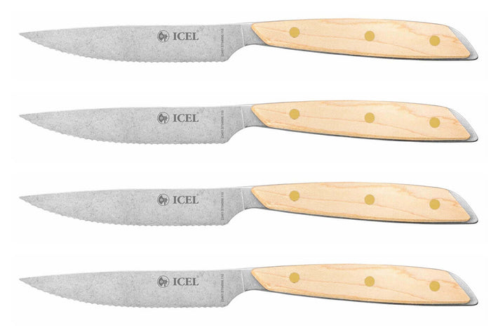 Coffret 4 couteaux à steak Icel lame dentelée 11cm manche droit bois d'érable