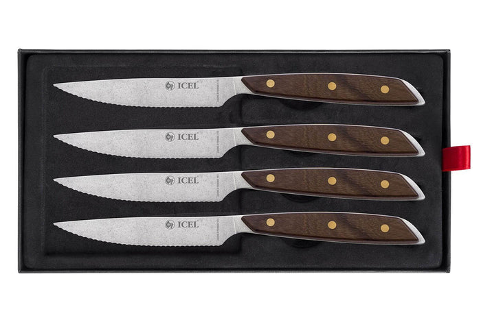 Coffret 4 couteaux à steak Icel lame dentelée 11cm manche droit en bois