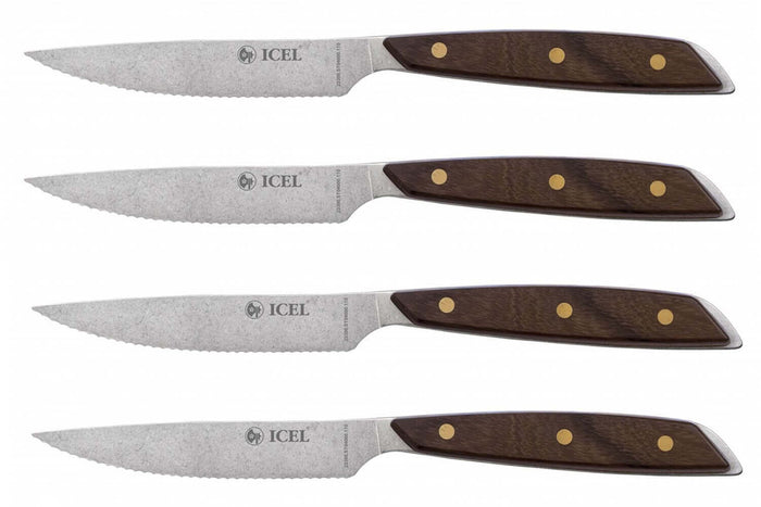 Coffret 4 couteaux à steak Icel lame dentelée 11cm manche droit en bois