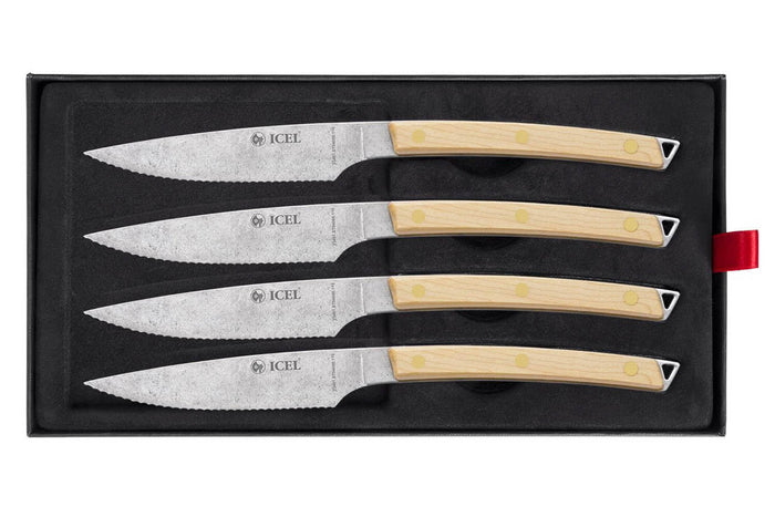 Coffret 4 couteaux à steak Icel lame dentelée 11cm manche incurvé bois d'érable