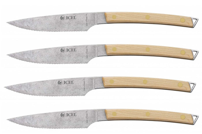 Coffret 4 couteaux à steak Icel lame dentelée 11cm manche incurvé bois d'érable