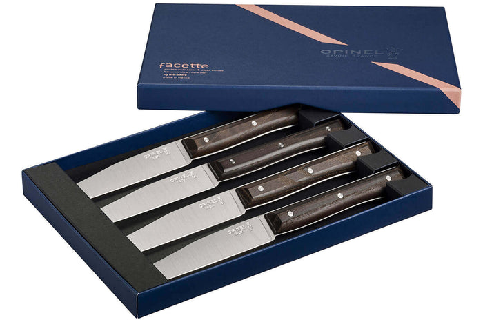 Coffret 4 couteaux de table Opinel Facette manche frêne sombre lame 11cm inox lisse