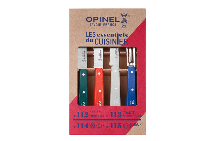 Coffret 4 couteaux Opinel Les Essentiels Primo manches en bois de charme multicolores