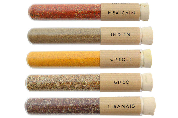 Coffret 5 mini tubes d'épices Le Monde en Tube Mes p'tites épices Les baroudeurs