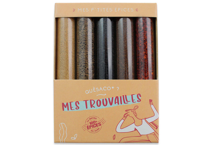 Coffret 5 mini tubes d'épices Le Monde en Tube Mes p'tites épices Mes trouvailles