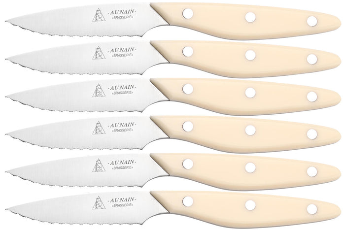 Coffret 6 couteaux à steak Au Nain Brasserie ivoire microdentés