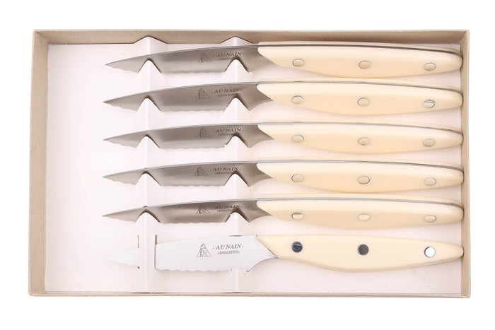 Coffret 6 couteaux à steak Au Nain Brasserie ivoire microdentés