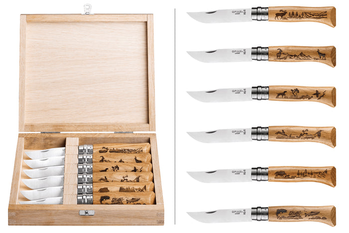 Coffret 6 couteaux Opinel Tradition Gravures Animalia n°08 lame 8,5cm manche chêne