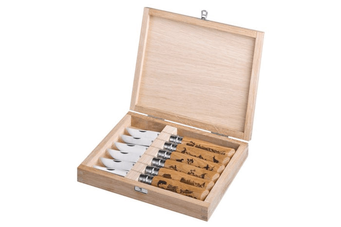Coffret 6 couteaux Opinel Tradition Gravures Animalia n°08 lame 8,5cm manche chêne