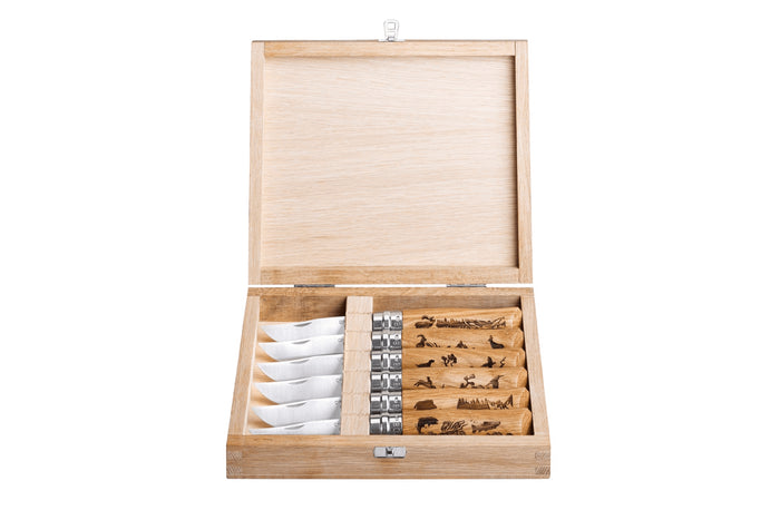 Coffret 6 couteaux Opinel Tradition Gravures Animalia n°08 lame 8,5cm manche chêne