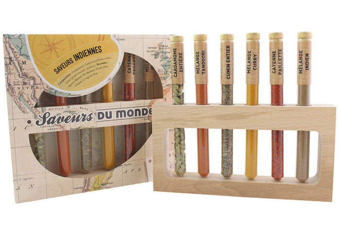 Coffret 6 épices en tube Le Monde en Tube Saveurs indiennes + support bois