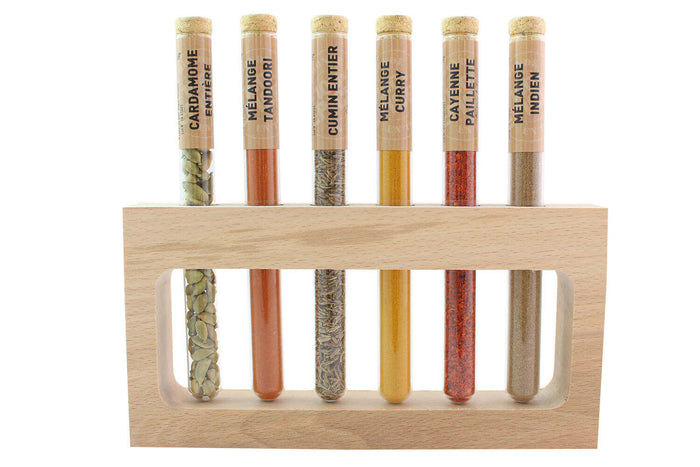 Coffret 6 épices en tube Le Monde en Tube Saveurs indiennes + support bois