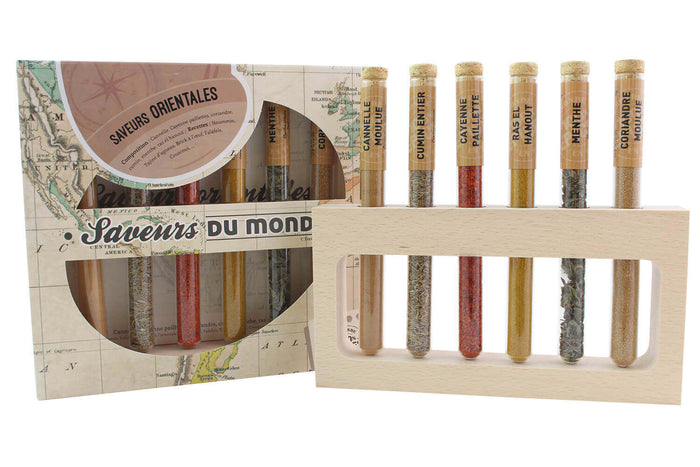 Coffret 6 épices en tube Le Monde en Tube Saveurs orientales + support bois