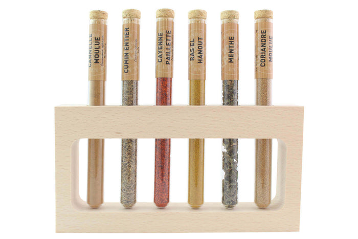 Coffret 6 épices en tube Le Monde en Tube Saveurs orientales + support bois