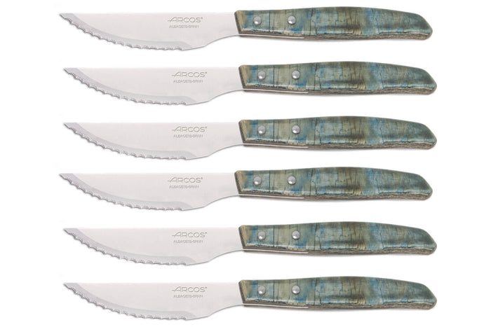 Coffret de 6 couteaux à steak/pizza Arcos lame dentelée 11cm manche bois bleu