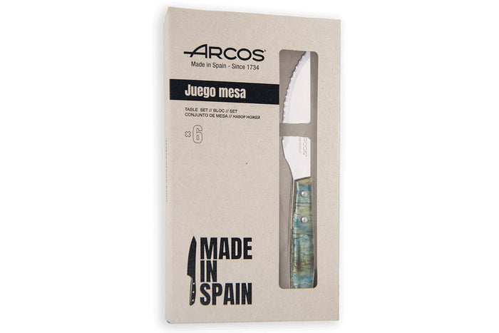 Coffret de 6 couteaux à steak/pizza Arcos lame dentelée 11cm manche bois bleu