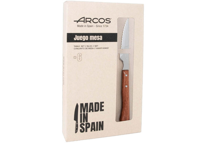 Coffret de 6 couteaux à steak/pizza Arcos lame dentelée 11cm manche en bois de hêtre compressé