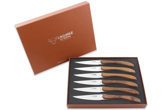 Coffret de 6 couteaux de table Laguiole en Aubrac L'Ecir manches en noyer