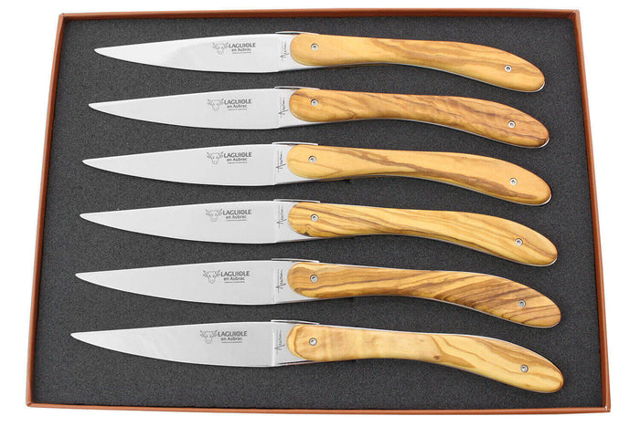 Coffret de 6 couteaux de table Laguiole en Aubrac l'Ecir manches en olivier