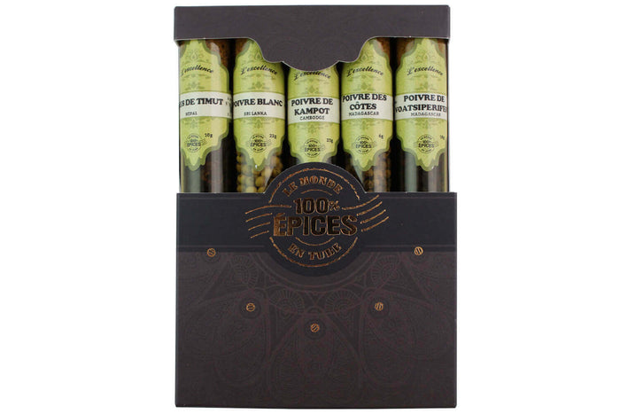 Coffret d'épices Le Monde en Tube Poivres du monde 5 saveurs