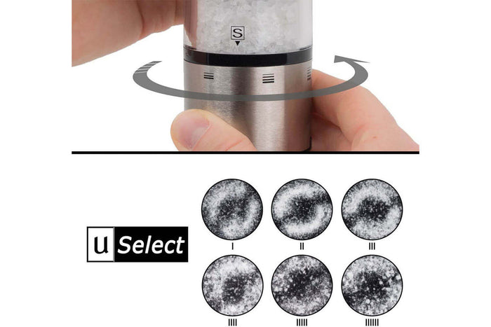 Coffret duo moulin à sel et poivre électrique Peugeot Elis Sense U Select en inox avec éclairage 20cm