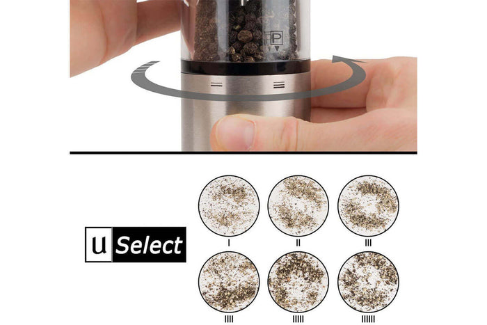 Coffret duo moulin à sel et poivre électrique Peugeot Elis Sense U Select en inox avec éclairage 20cm