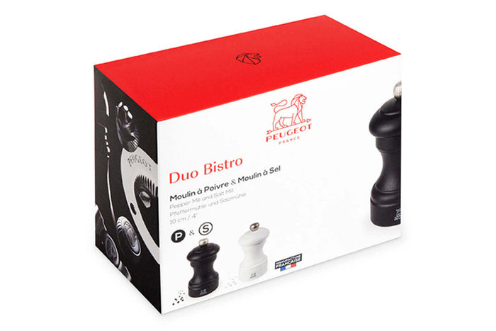Coffret duo moulin à sel et poivre Peugeot Bistro en bois noir + blanc 10cm