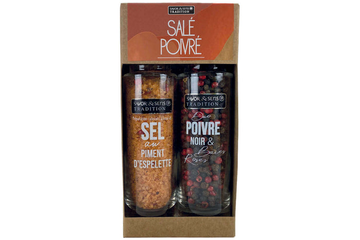 Coffret duo Savor&Sens sel au piment d'Espelette et mélange de poivre et baies roses bio