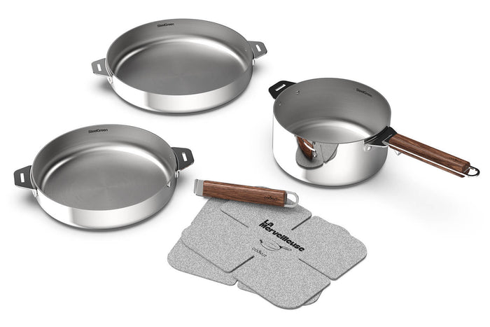 Coffret trio poêles et casserole Cookut La Merveilleuse en inox finition miroir