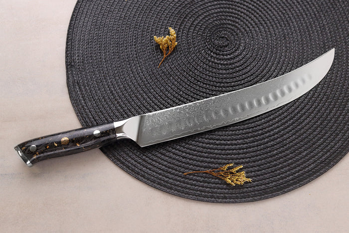 Couteau à découper Wusaki Sakin Damas 10Cr 25cm manche en fibre de carbone et feuille d'or