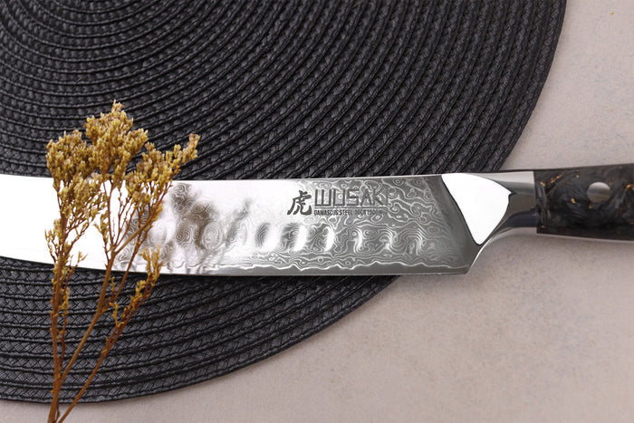Couteau à découper Wusaki Sakin Damas 10Cr 25cm manche en fibre de carbone et feuille d'or